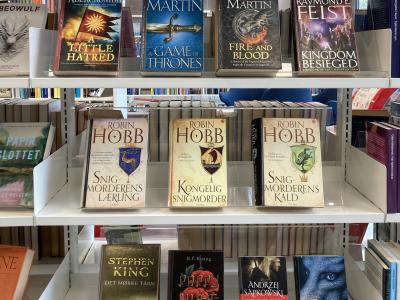Boghylde med fantasybøger på Hjørring Bibliotek